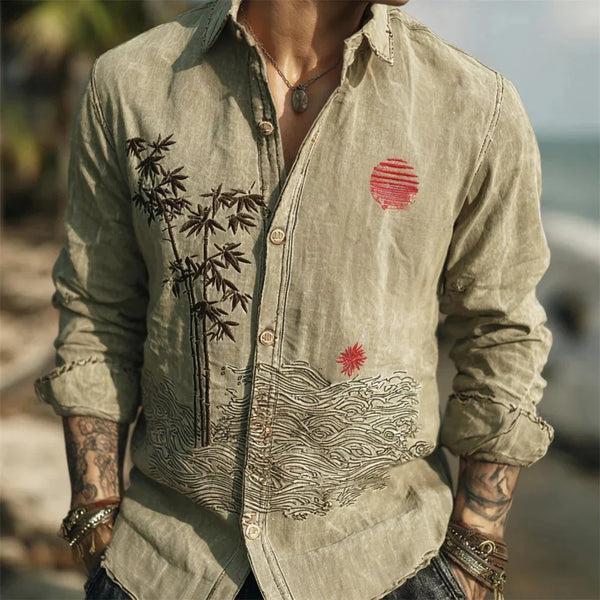 Utrends™ Bamboo Wave Sun Shirt – Vintage Japanese Zen Linen Button-Up (Olive Beige)