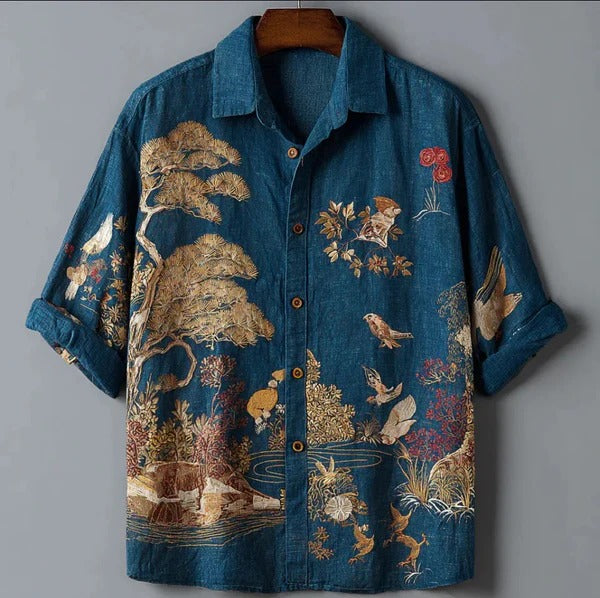 Utrends™ Vintage Nature Landscape Shirt – Japanese Garden Bird Art Linen Button-Up (Blue)